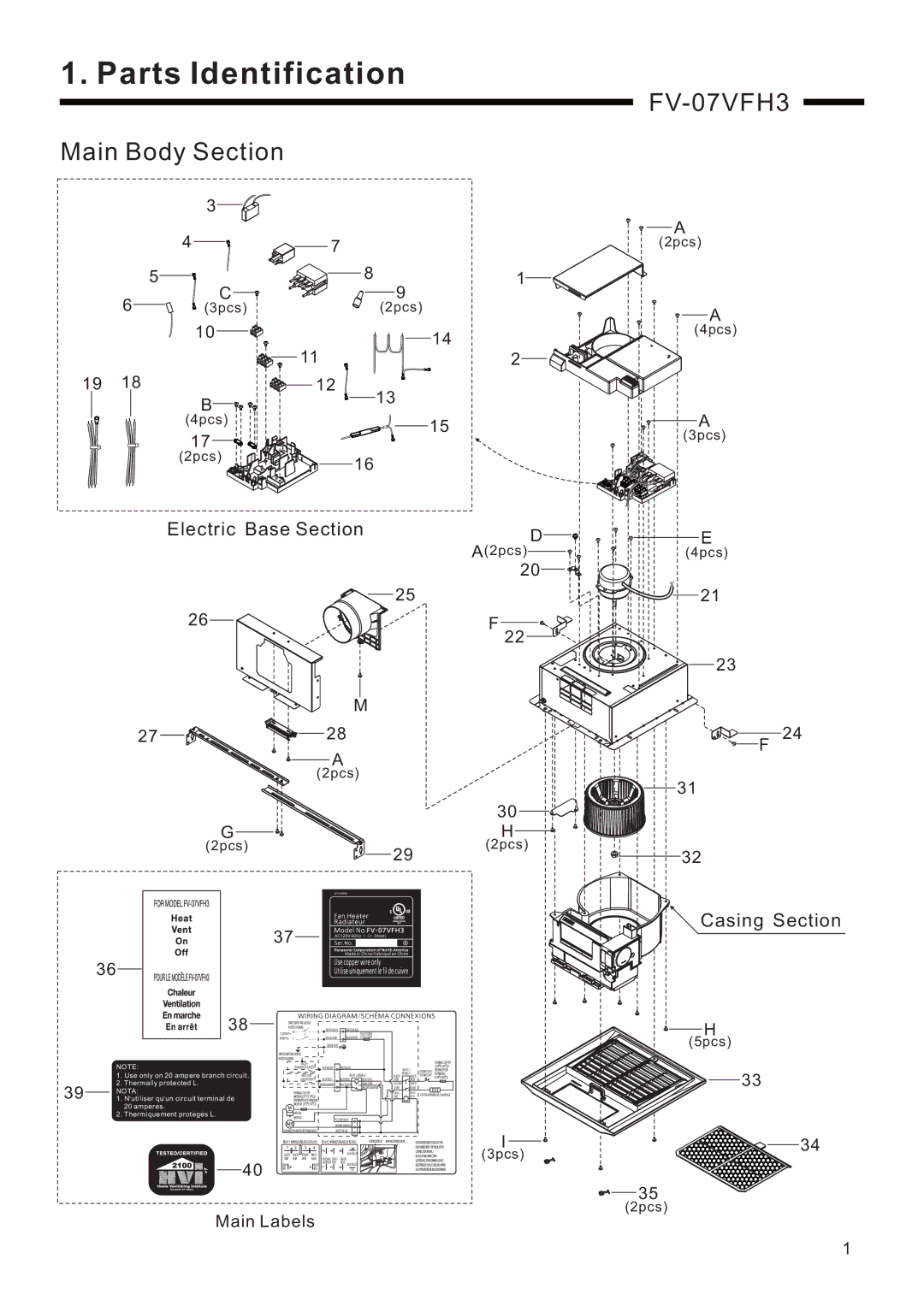 Panasonic FV-07VFH3 service manual Parts Identification, Main Body Section 