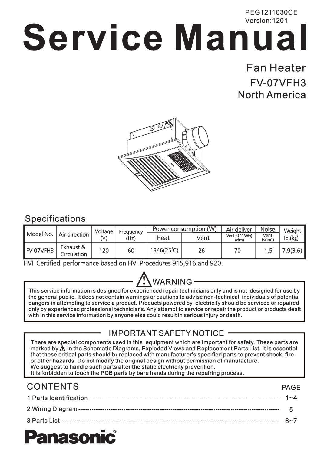 Panasonic FV-07VFH3 service manual Specifications, Contents, PEG1211030CE Version, Page, Fan Heater 
