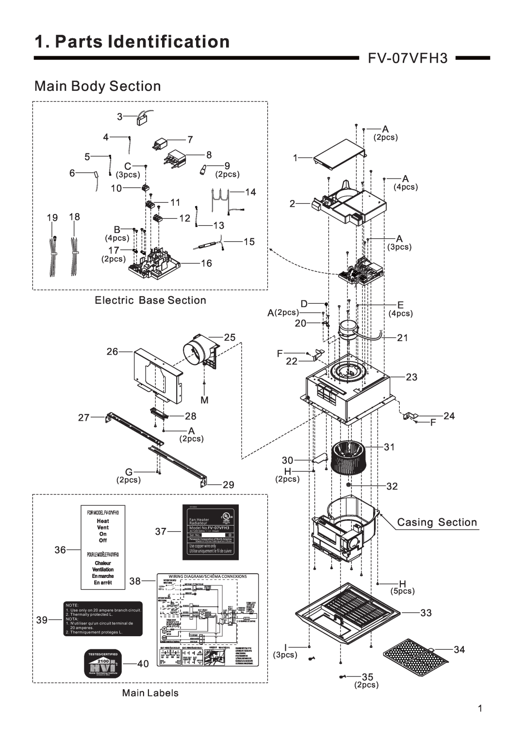 Panasonic FV-07VFH3 service manual Parts Identification, Main Body Section, Electric Base Section, Casing Section 