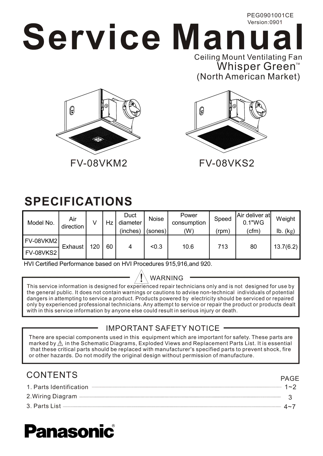 Panasonic service manual Specifications, FV-08VKM2FV-08VKS2 