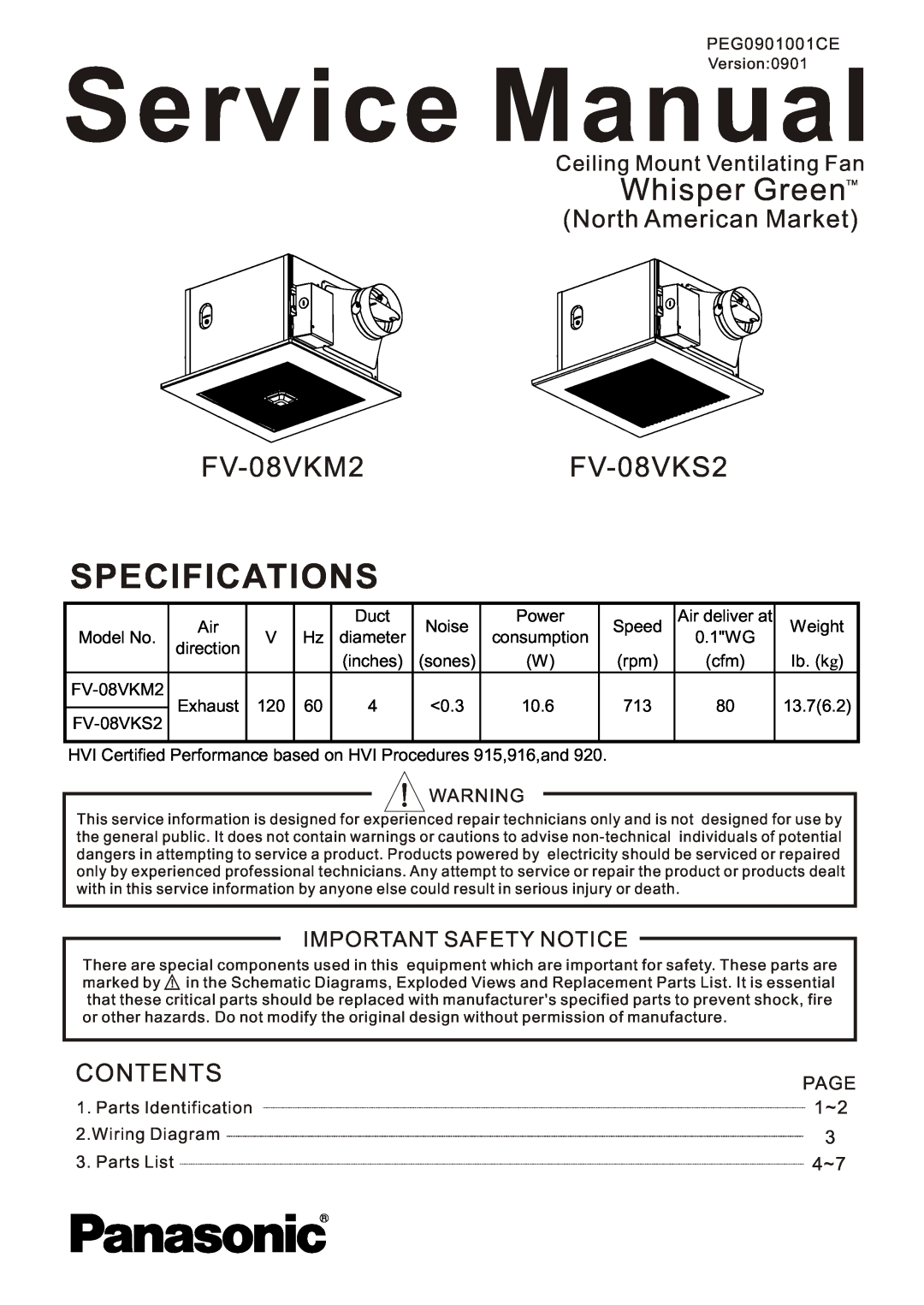 Panasonic service manual FV-08VKM2FV-08VKS2, Specifications, Whisper GreenTM, North American Market, Contents, Page 