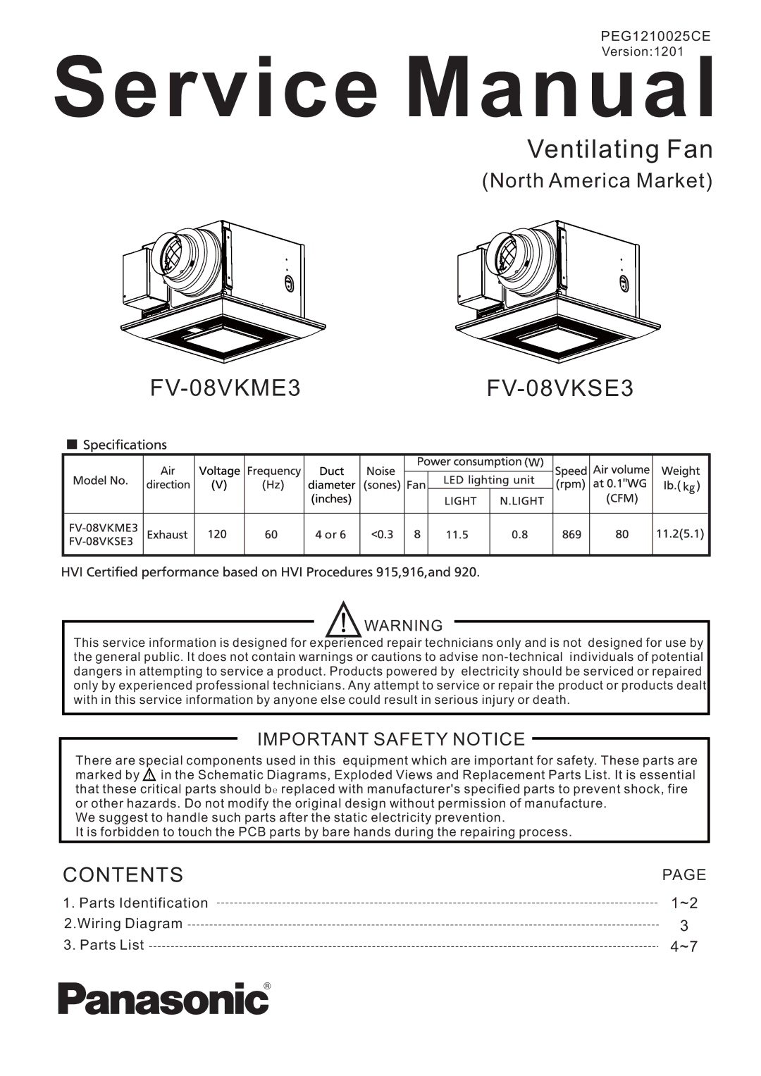 Panasonic service manual Ventilating Fan, FV-08VKME3FV-08VKSE3 