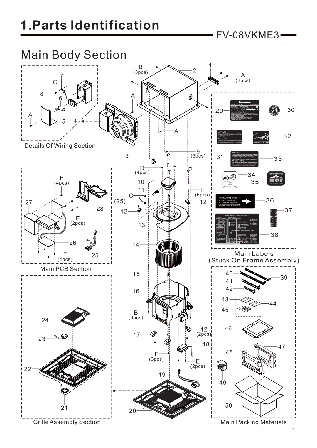 Panasonic FV-08VKSE3 service manual Parts Identification, FV-08VKME3 