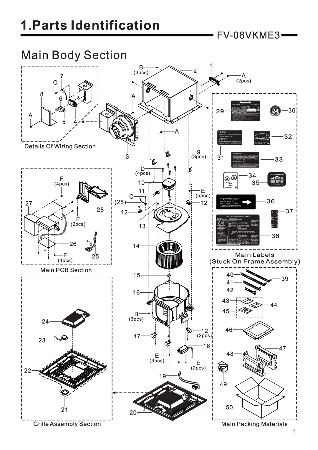 Panasonic FV-08VKSE3 service manual Parts Identification, Main Body Section, FV-08VKME3 