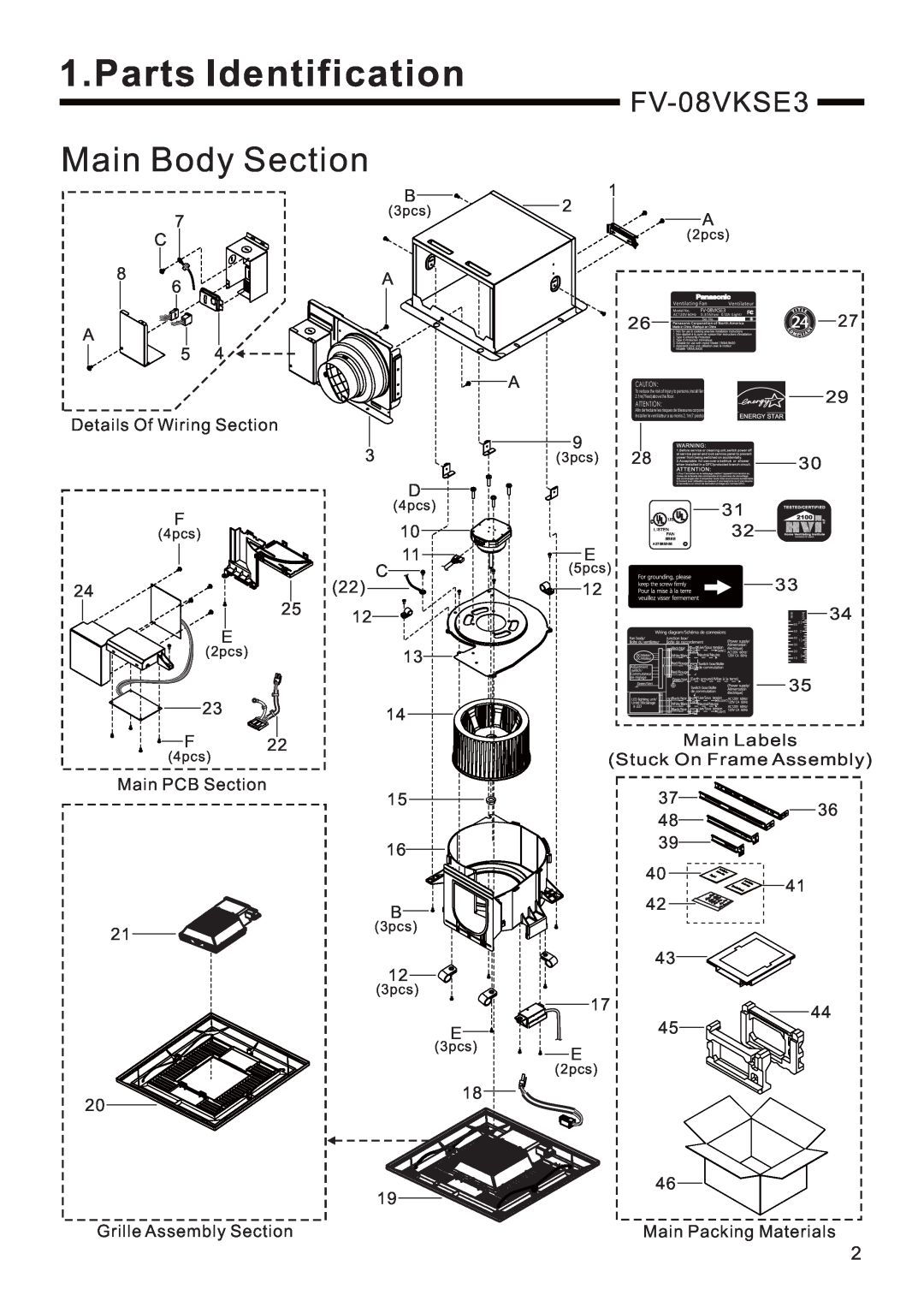 Panasonic FV-08VKME3 service manual FV-08VKSE3, Parts Identification, Main Body Section 