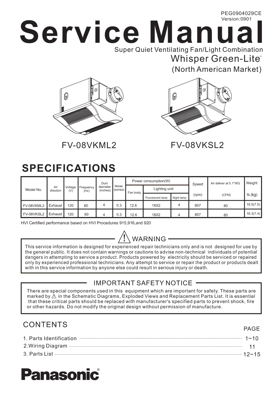 Panasonic FV-08VKML2, FV-08VKSL2 service manual Specifications 