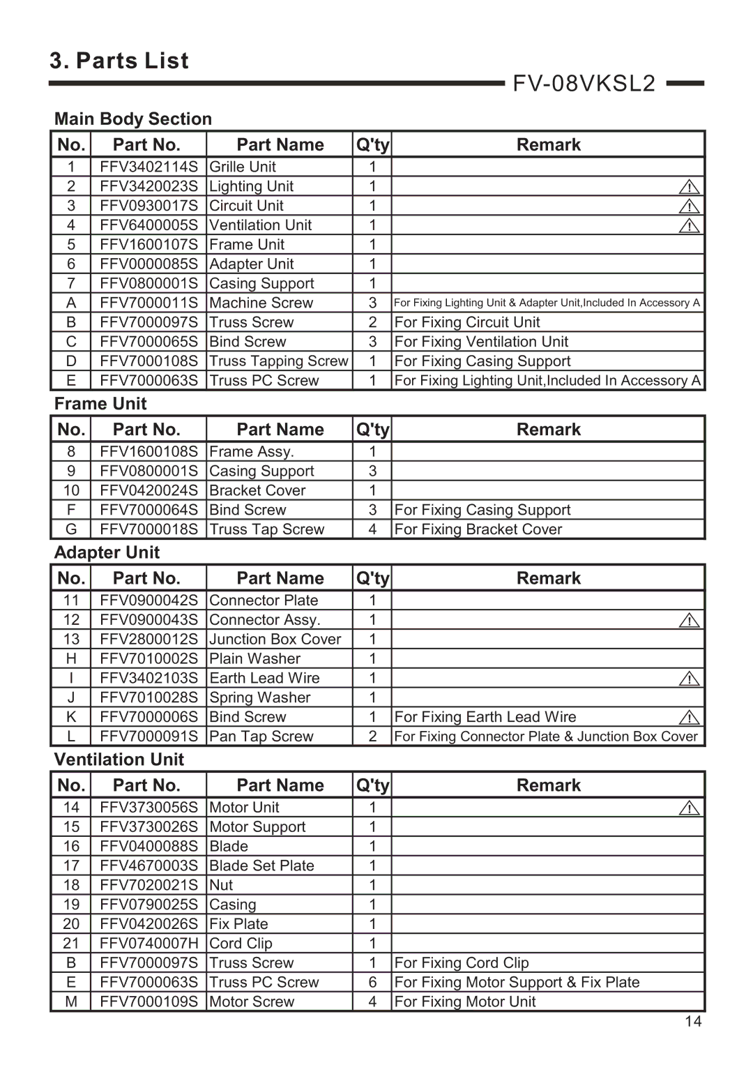 Panasonic FV-08VKML2 service manual FV-08VKSL2 