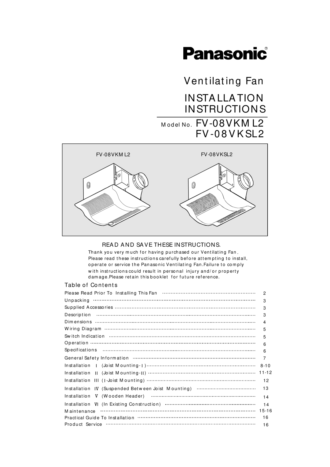 Panasonic FV-08VKML2, FV-08VKSL2 installation instructions Installation Instructions 