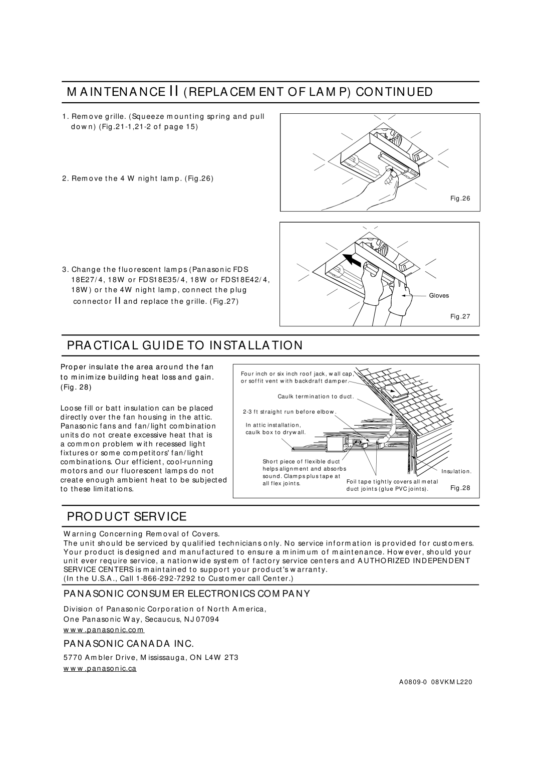 Panasonic FV-08VKSL2, FV-08VKML2 installation instructions Practical Guide to Installation, Product Service 