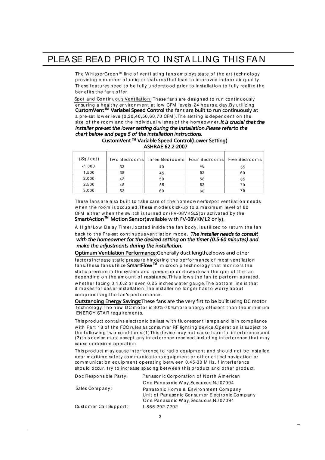 Panasonic FV-08VKSL2, FV-08VKML2 installation instructions Please Read Prior to Installing this FAN 