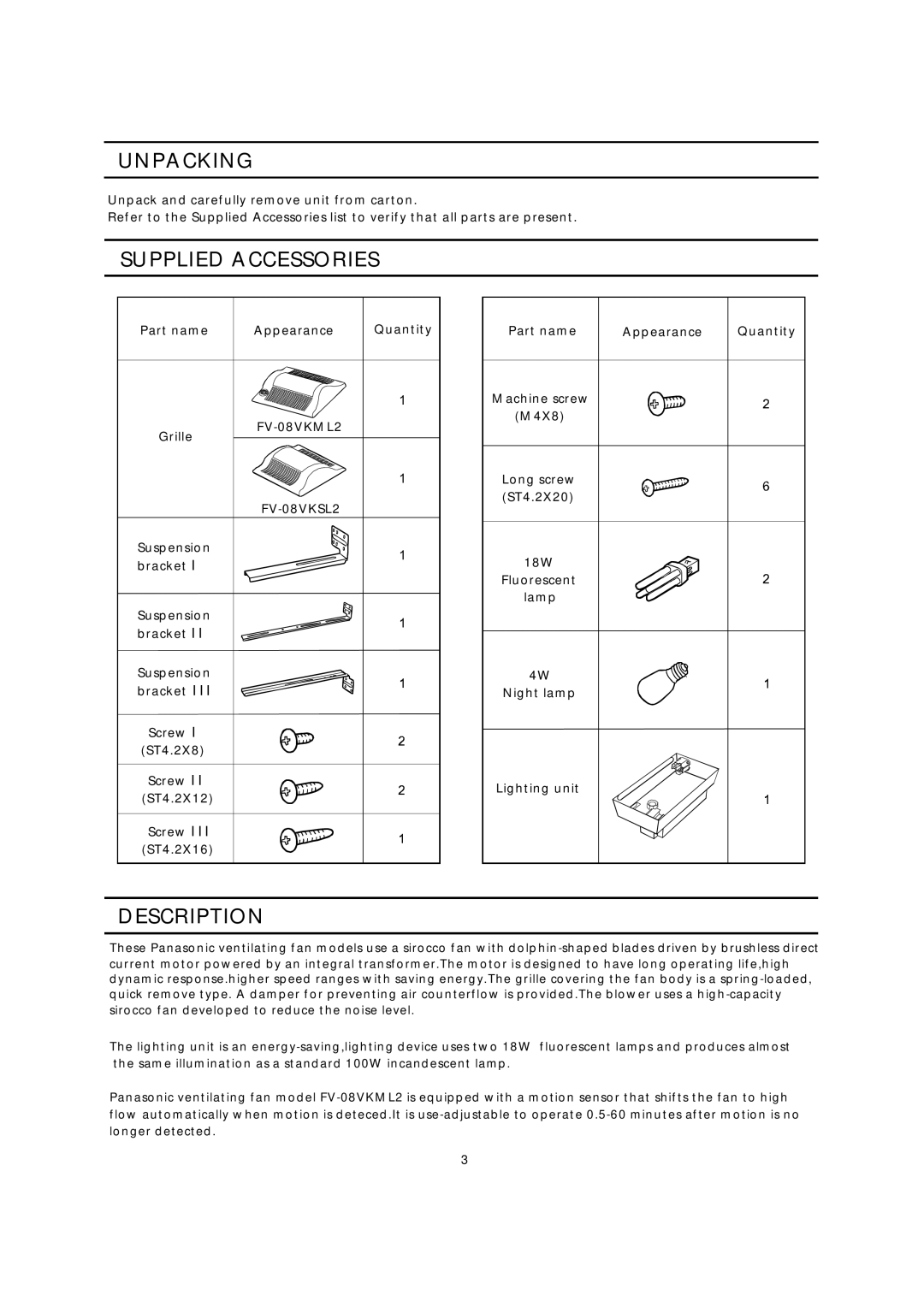 Panasonic FV-08VKML2, FV-08VKSL2 installation instructions Unpacking, Supplied Accessories, Description 