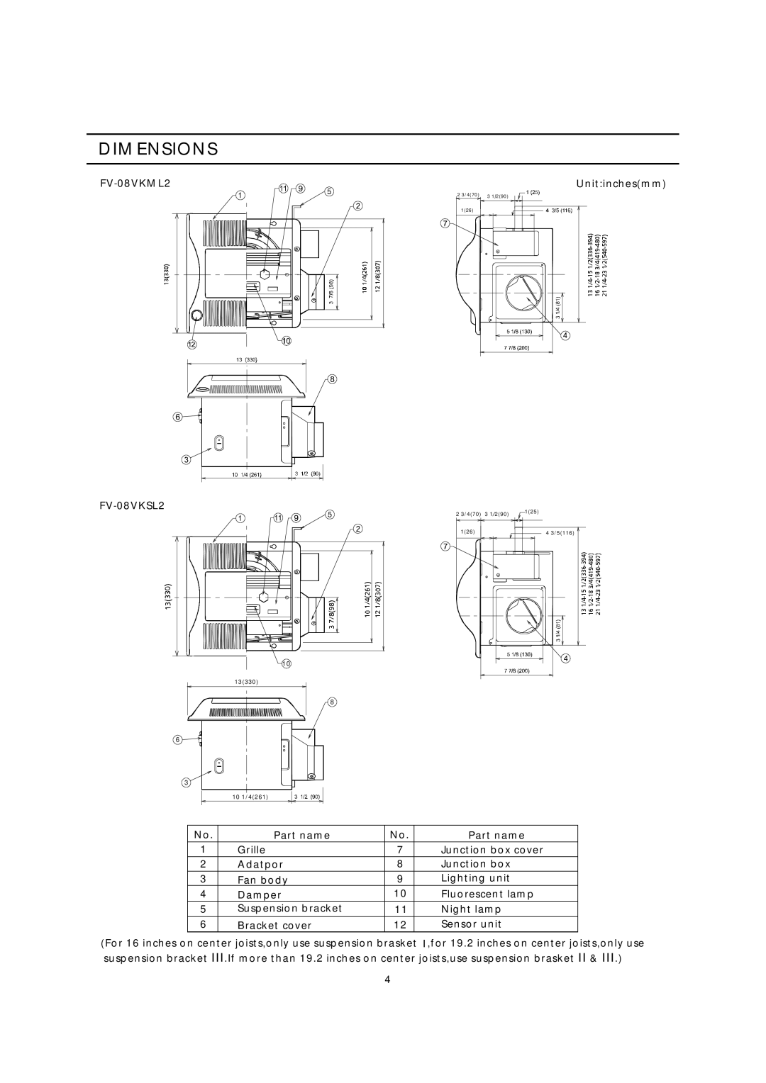 Panasonic FV-08VKSL2, FV-08VKML2 installation instructions Dimensions 