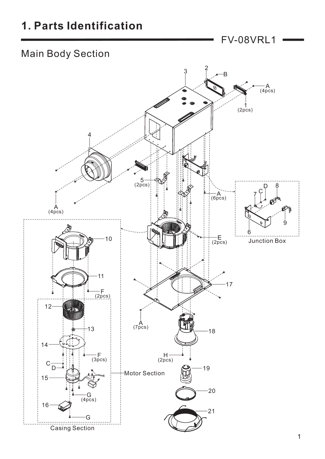 Panasonic service manual Parts Identification, FV-08VRL1 Main Body Section 