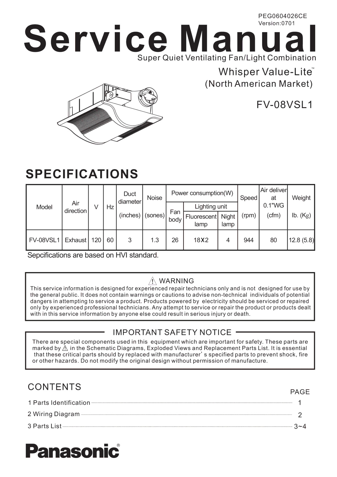 Panasonic FV-08VSL1 service manual Specifications 