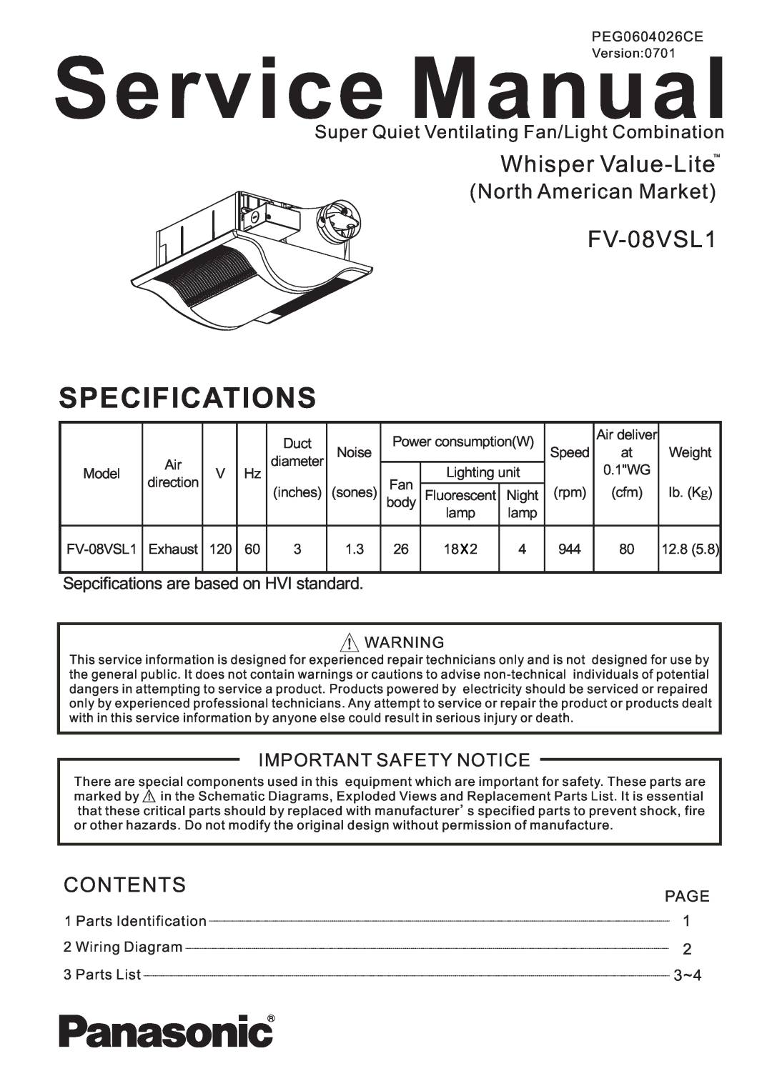 Panasonic FV-08VSL1 service manual Whisper Value-LiteTM, Specifications, North American Market, Contents 