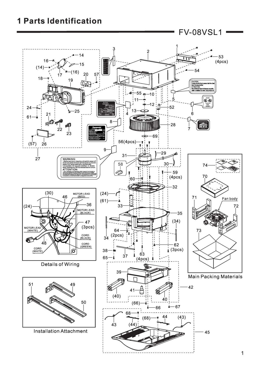 Panasonic FV-08VSL1 service manual Parts Identification, Main Packing Materials, Installation Attachment 