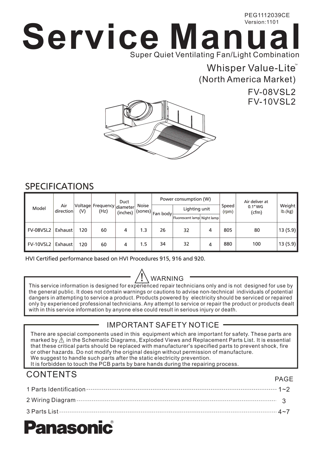 Panasonic FV-10VSL2, FV-08vsl2 service manual Whisper Value-LiteTM 