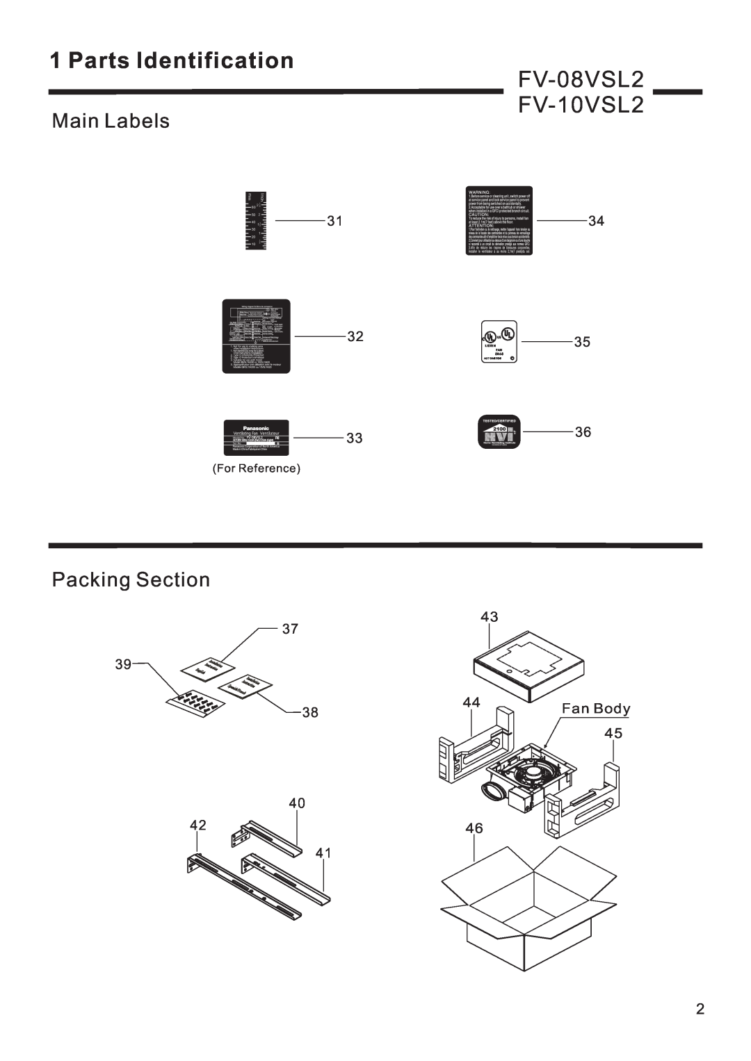 Panasonic FV-08VSL2 FV-10VSL2, Main Labels, Packing Section, Parts Identification, Fan Body, For Reference, Inch 