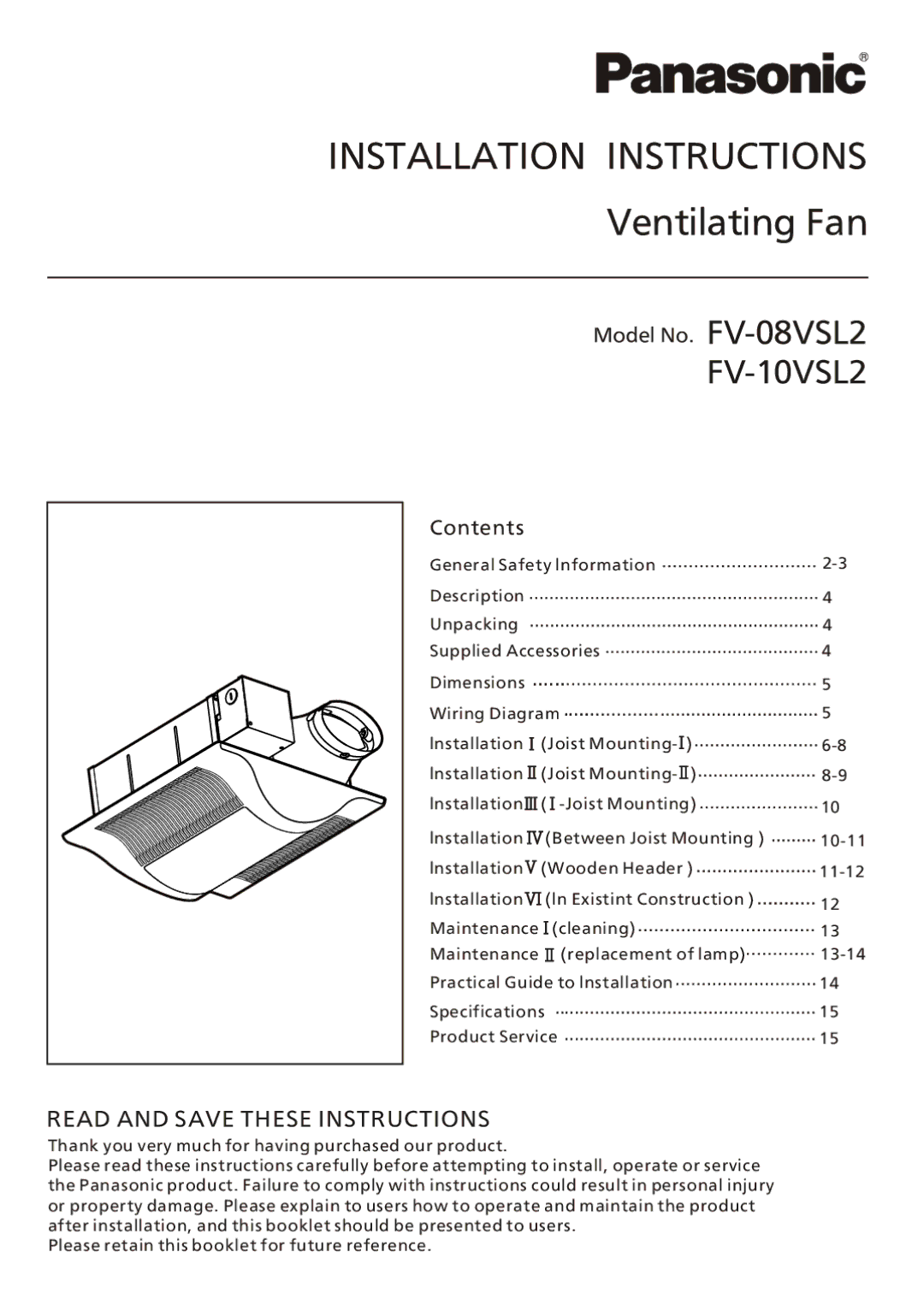 Panasonic FV-08vsl2 installation instructions Installation Instructions 