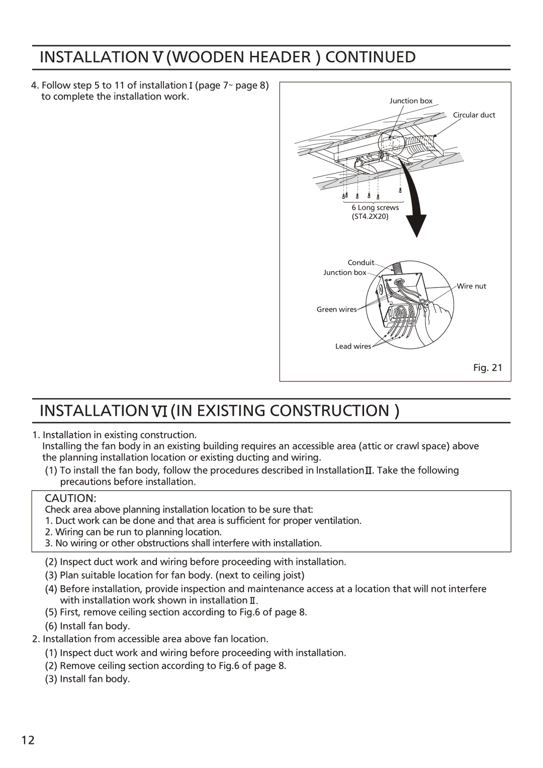 Panasonic FV-08vsl2 installation instructions Installation in Existing Construction 