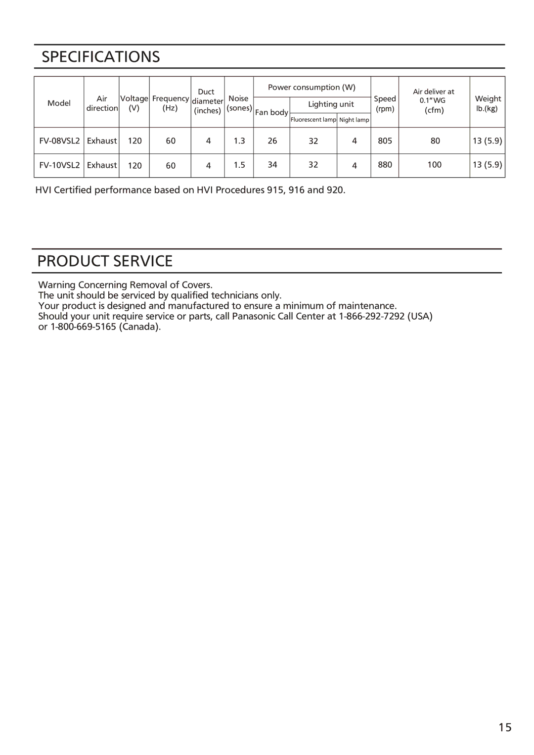 Panasonic FV-08vsl2 installation instructions Specifications, Product Service 