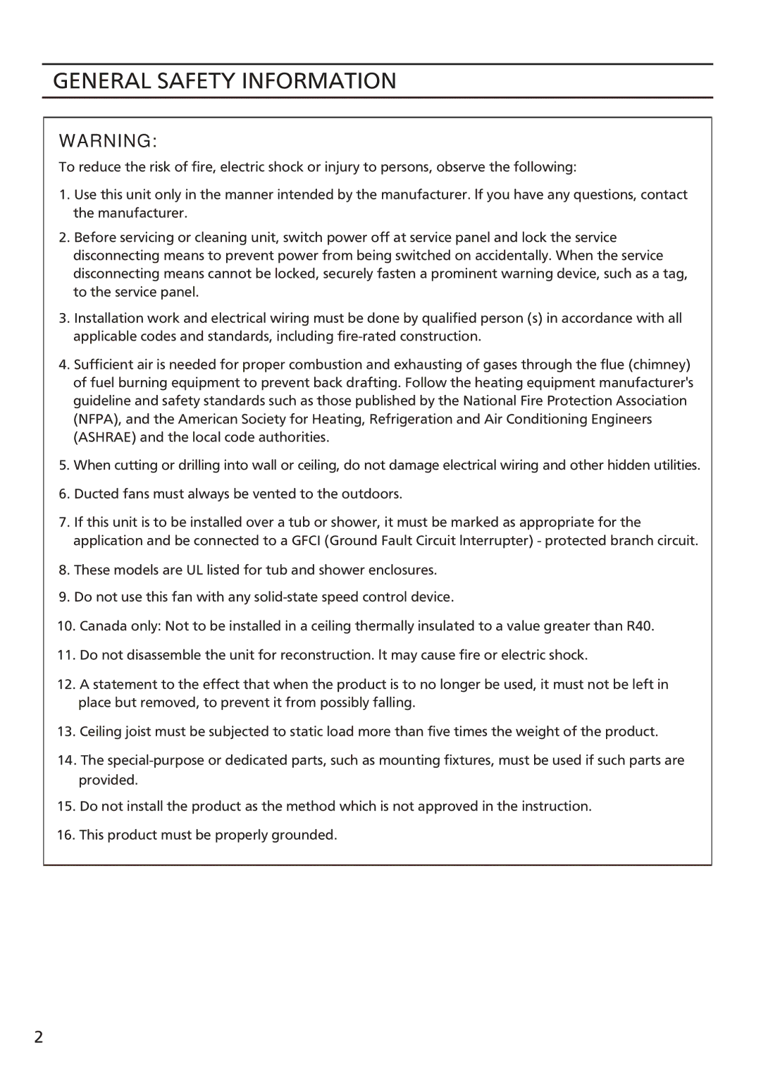 Panasonic FV-08vsl2 installation instructions General Safety Information 