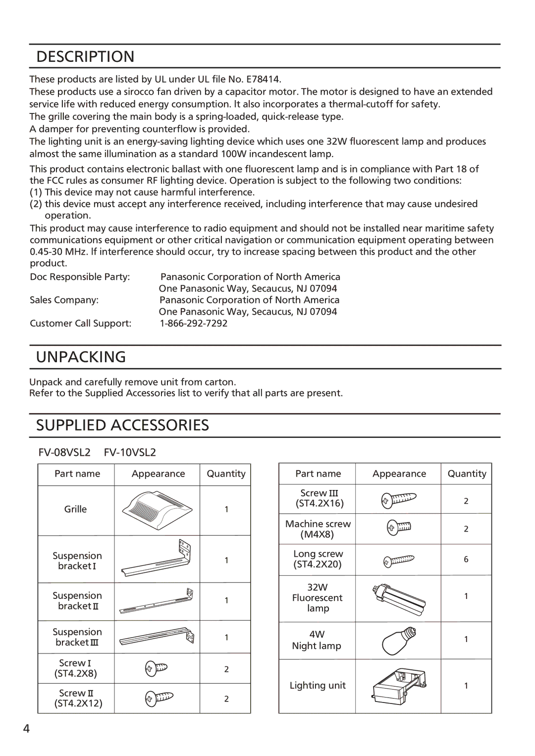 Panasonic FV-08vsl2 installation instructions Description, Unpacking, Supplied Accessories 