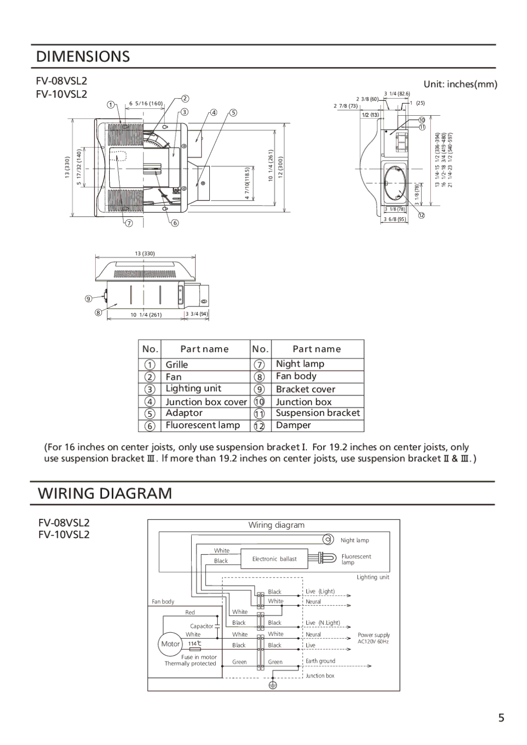 Panasonic FV-08vsl2 installation instructions Dimensions, Wiring Diagram 