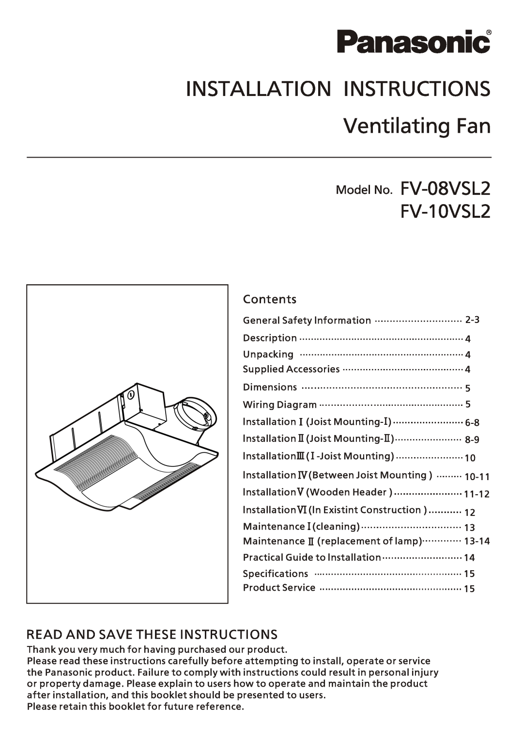 Panasonic FV-08vsl2 installation instructions Model No. FV-08VSL2, Contents, INSTALLATION INSTRUCTIONS Ventilating Fan 