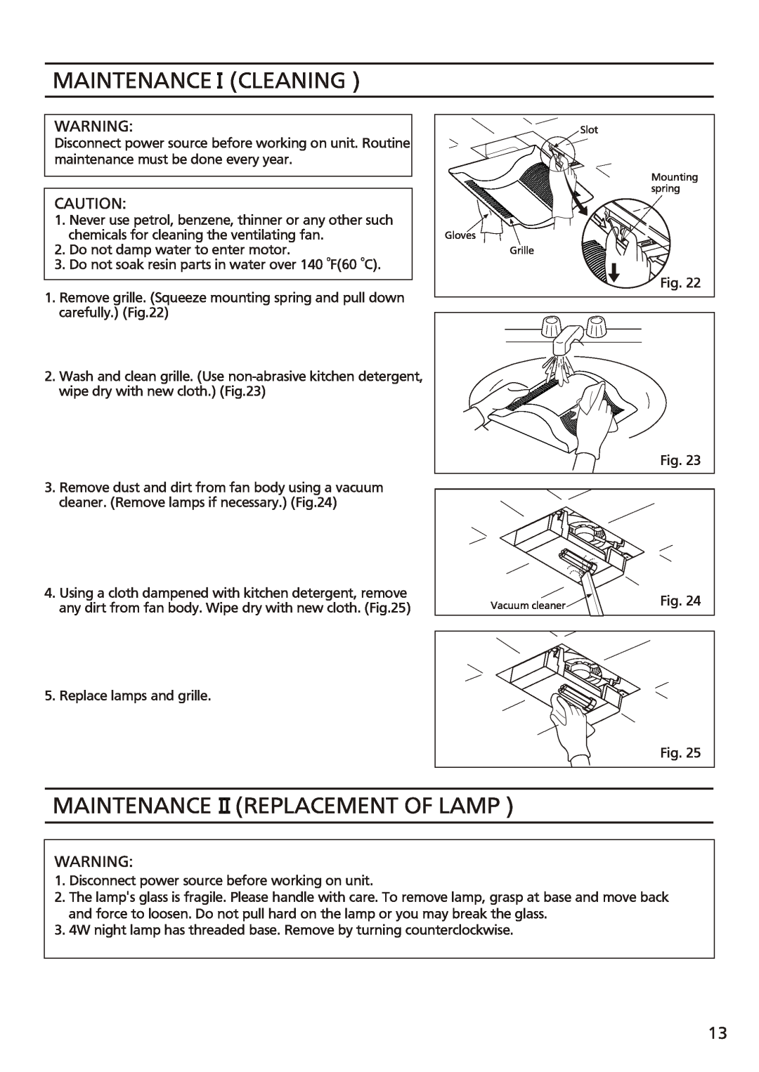 Panasonic FV-08vsl2 installation instructions Maintenance Cleaning, Maintenance Replacement Of Lamp 