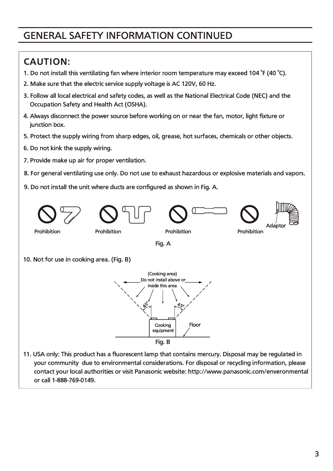 Panasonic FV-08vsl2 installation instructions General Safety Information Continued 