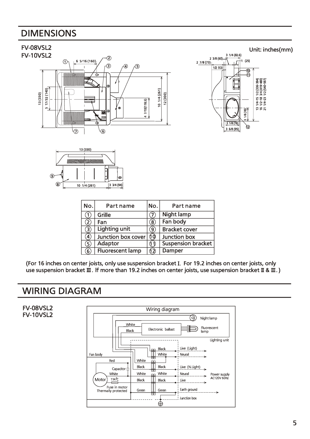 Panasonic FV-08vsl2 installation instructions Dimensions, Wiring Diagram, FV-08VSL2 FV-10VSL2 