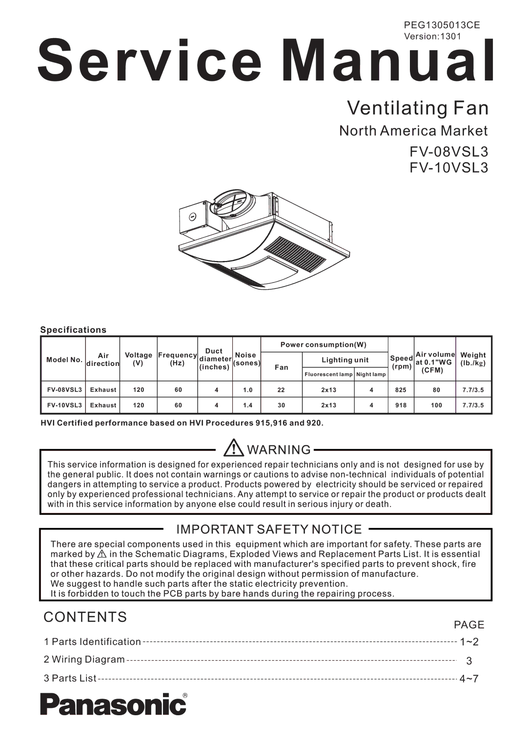 Panasonic FV-08VSL3, FV-10VSL3 service manual Ventilating Fan 