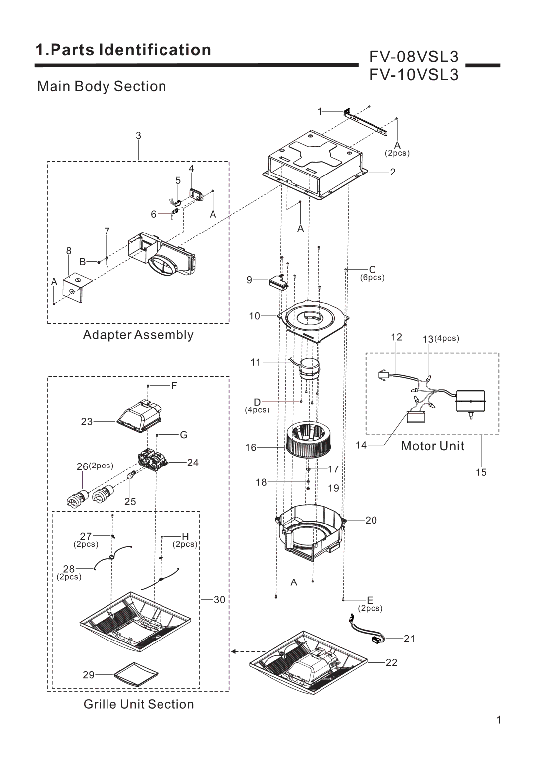 Panasonic FV-10VSL3, FV-08VSL3 service manual Parts Identification 