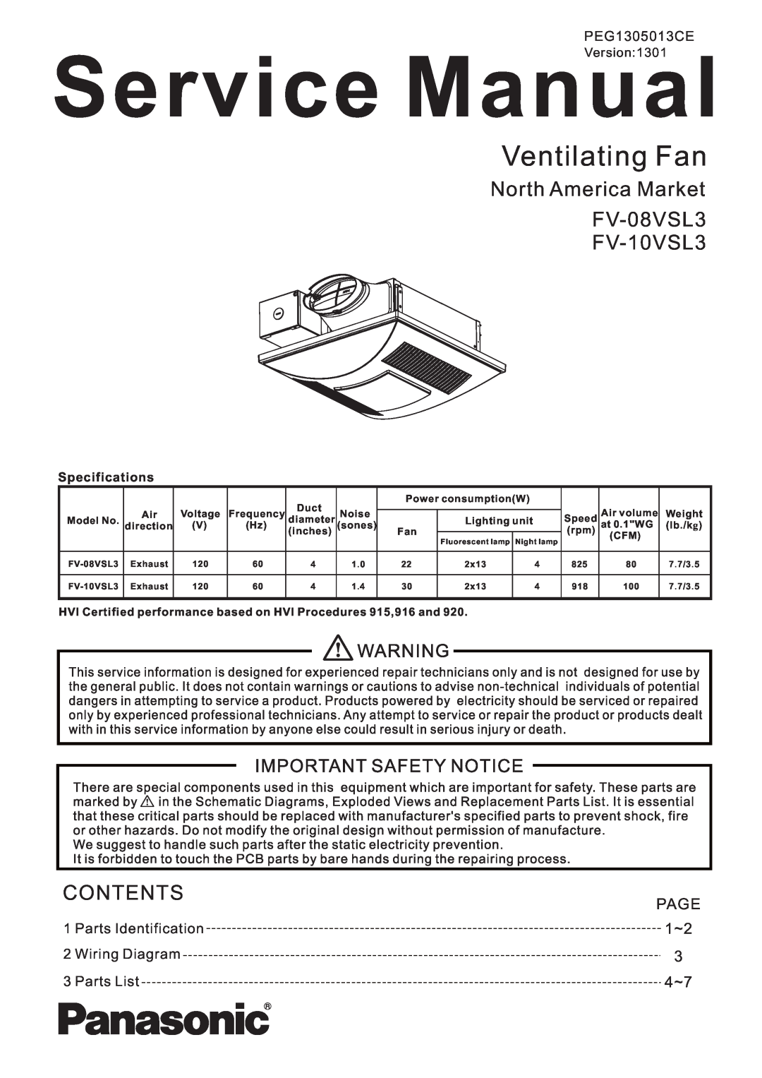 Panasonic service manual North America Market FV-08VSL3 FV-10VSL3, Contents, Ventilating Fan, Page, Wiring Diagram 