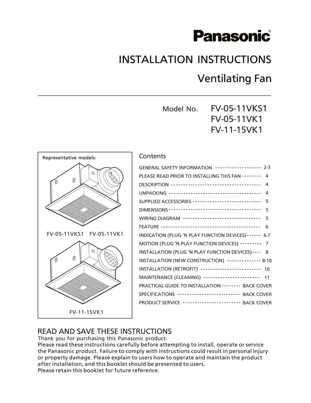 Panasonic dimensions Model No. FV-05-11VKS1 FV-05-11VK1 FV-11-15VK1 