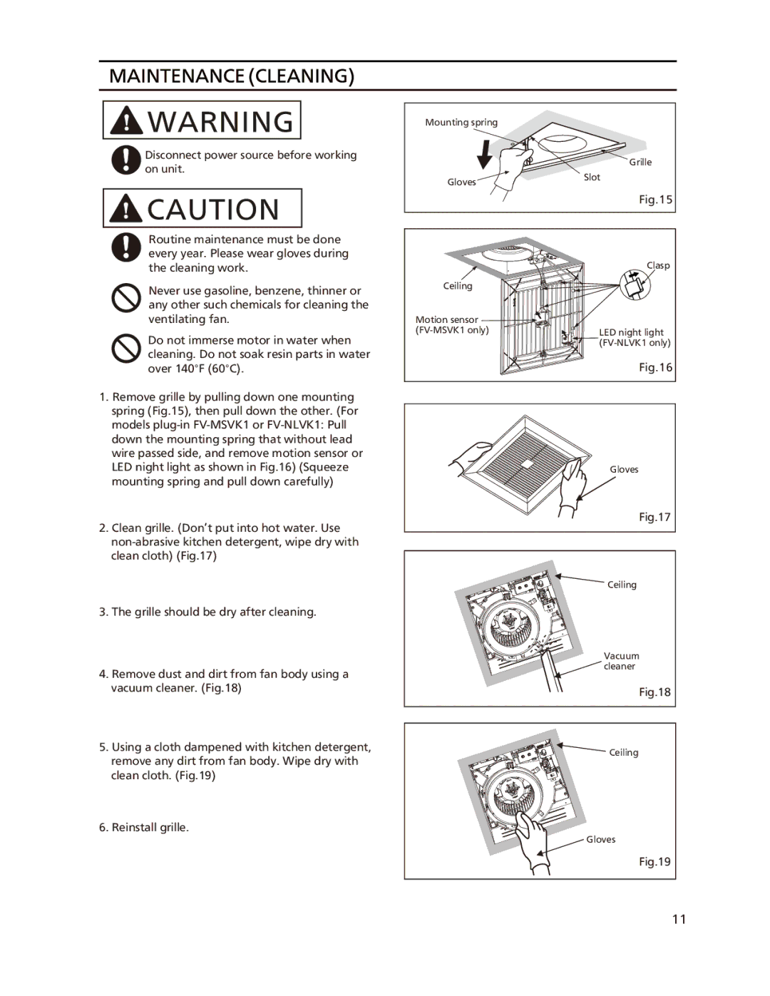 Panasonic FV-05-11VK1, FV-11-15VK1, FV-05-11VKS1 dimensions Disconnect power source before working on unit 