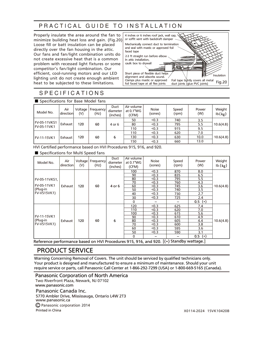 Panasonic FV-11-15VK1, FV-05-11VKS1, FV-05-11VK1 Practical Guide to Installation, Specifications for Base Model fans 