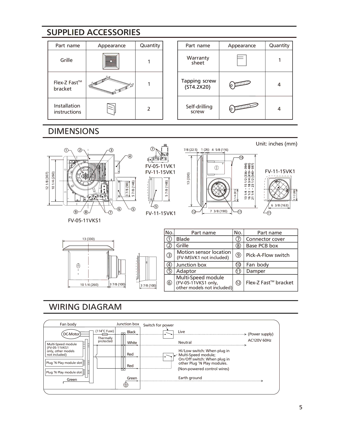 Panasonic FV-05-11VK1, FV-11-15VK1, FV-05-11VKS1 Supplied Accessories, Dimensions, Wiring Diagram, Self-drilling Screw 