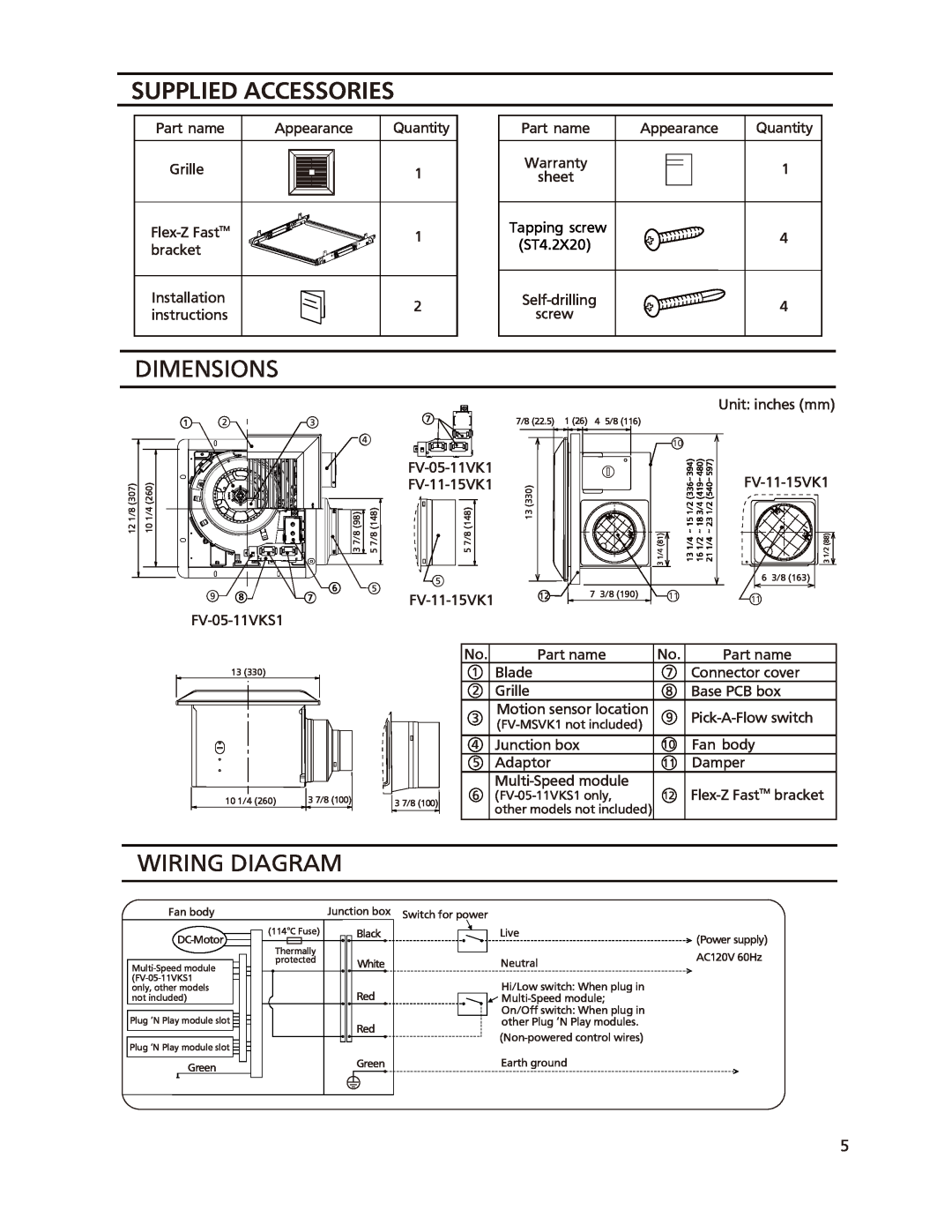 Panasonic FV-05-11VK1, FV-11-15VK1, FV-05-11VKS1 Supplied Accessories, Dimensions, Wiring Diagram, Tapping screw, ST4.2X20 