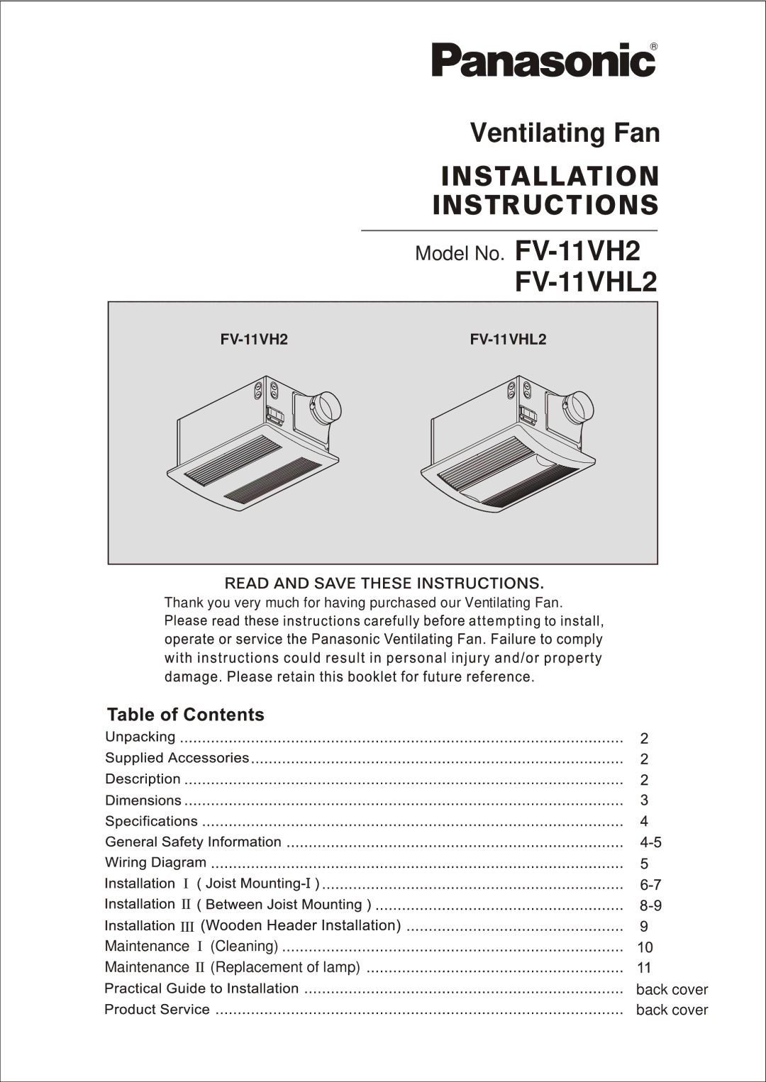 Panasonic FV-11VHL2, FV-11VH2 manual 