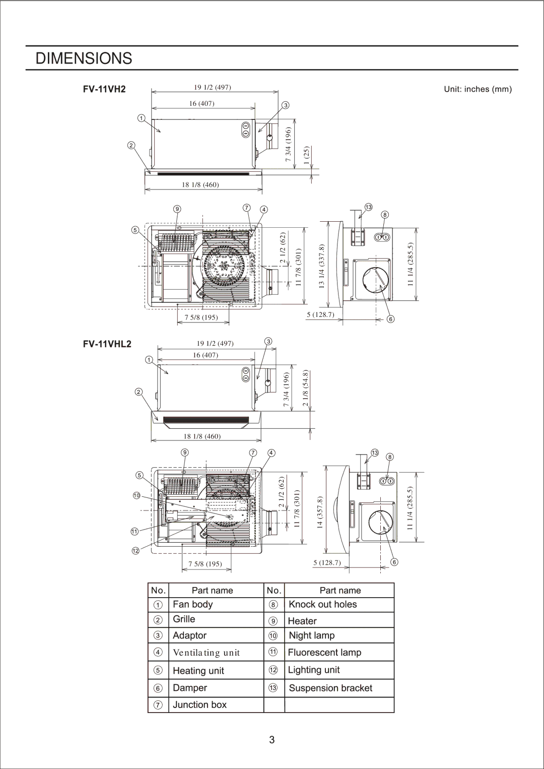 Panasonic FV-11VHL2, FV-11VH2 manual Dimensions 