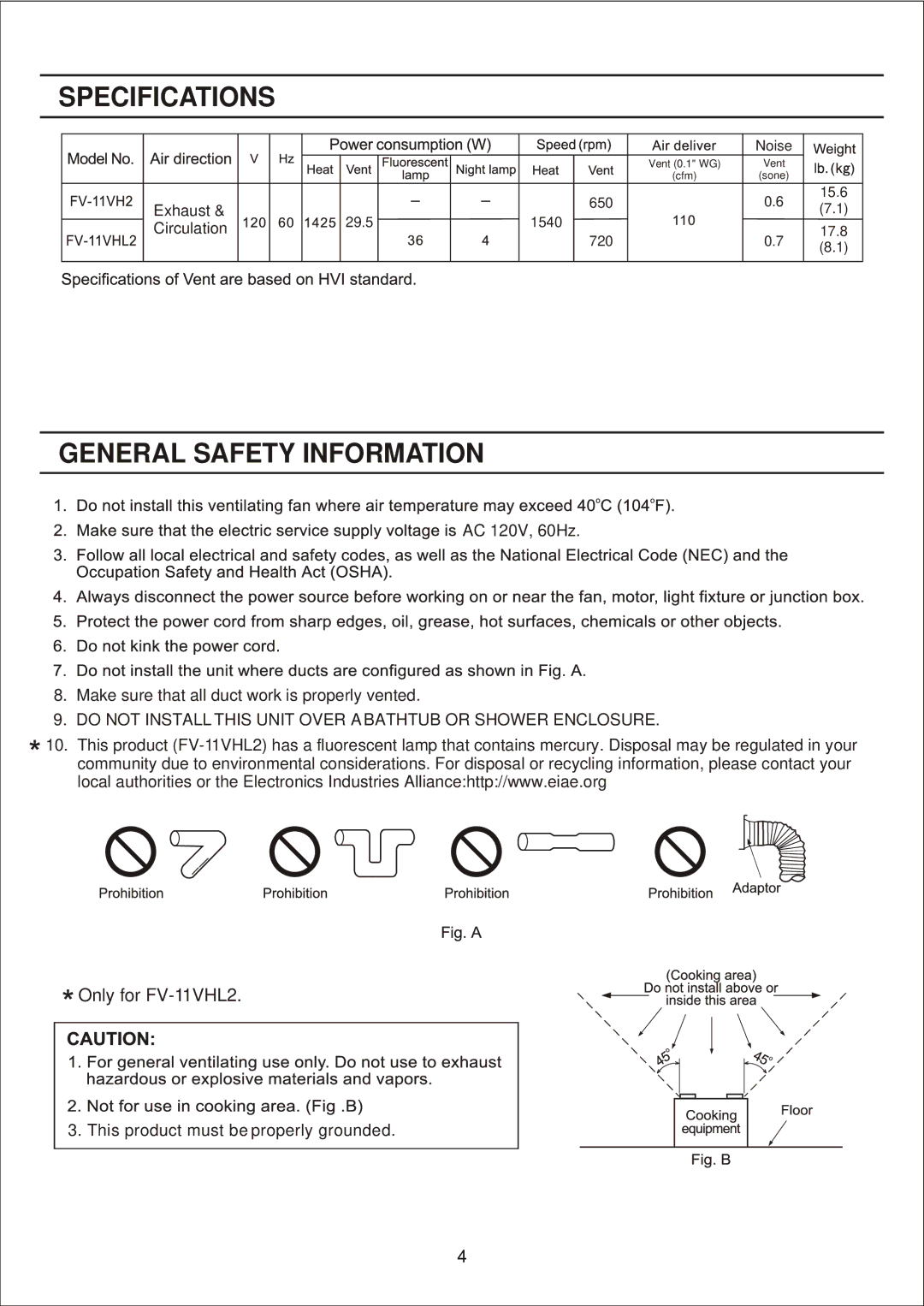 Panasonic FV-11VH2, FV-11VHL2 manual Specifications, General Safety Information 