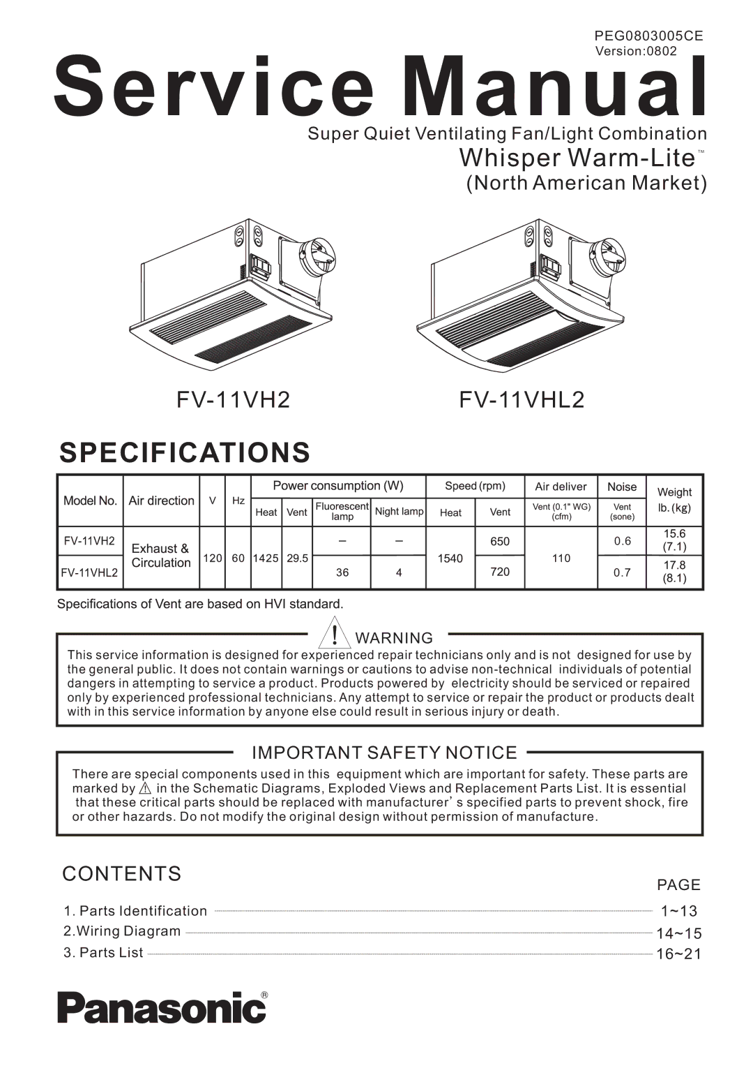 Panasonic FV-11VHL2, FV-11VH2 service manual Specifications 