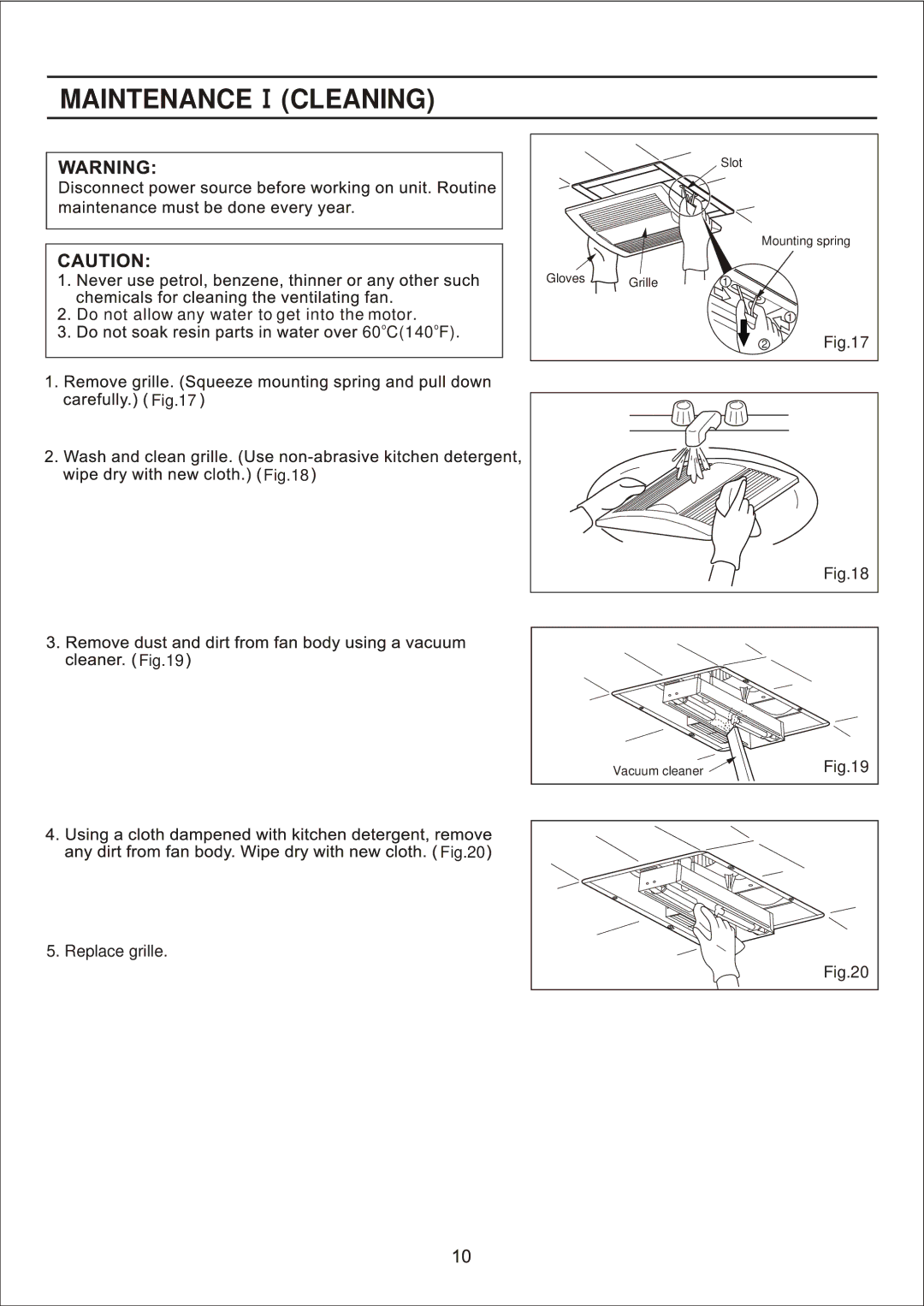 Panasonic FV-11VH2, FV-11VHL2 manual Maintenance Cleaning 