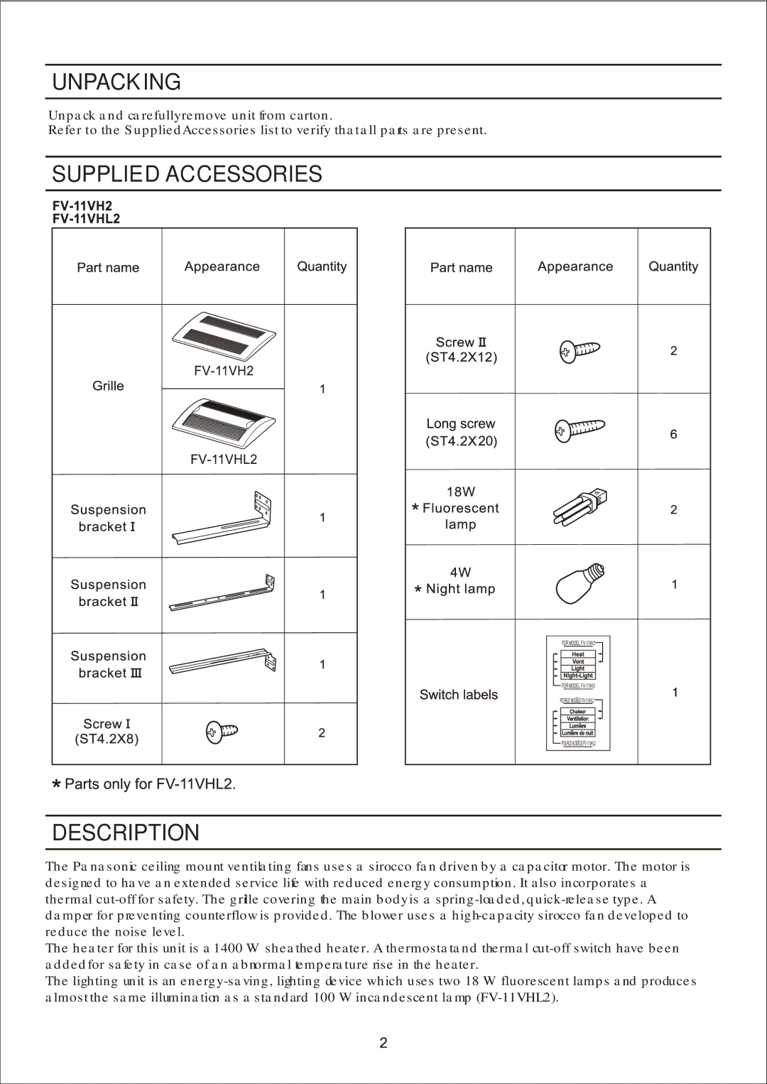 Panasonic FV-11VH2, FV-11VHL2 manual Unpacking, Supplied Accessories, Description 