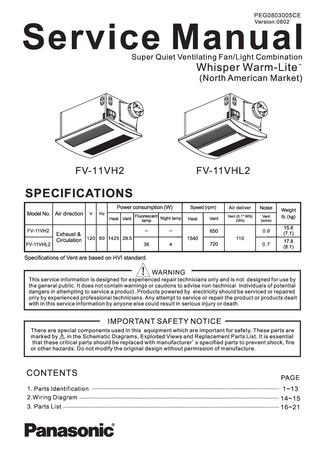 Panasonic FV-11VHL2 service manual FV-11VH2, Super Quiet Ventilating Fan/Light Combination, Important Safety Notice 