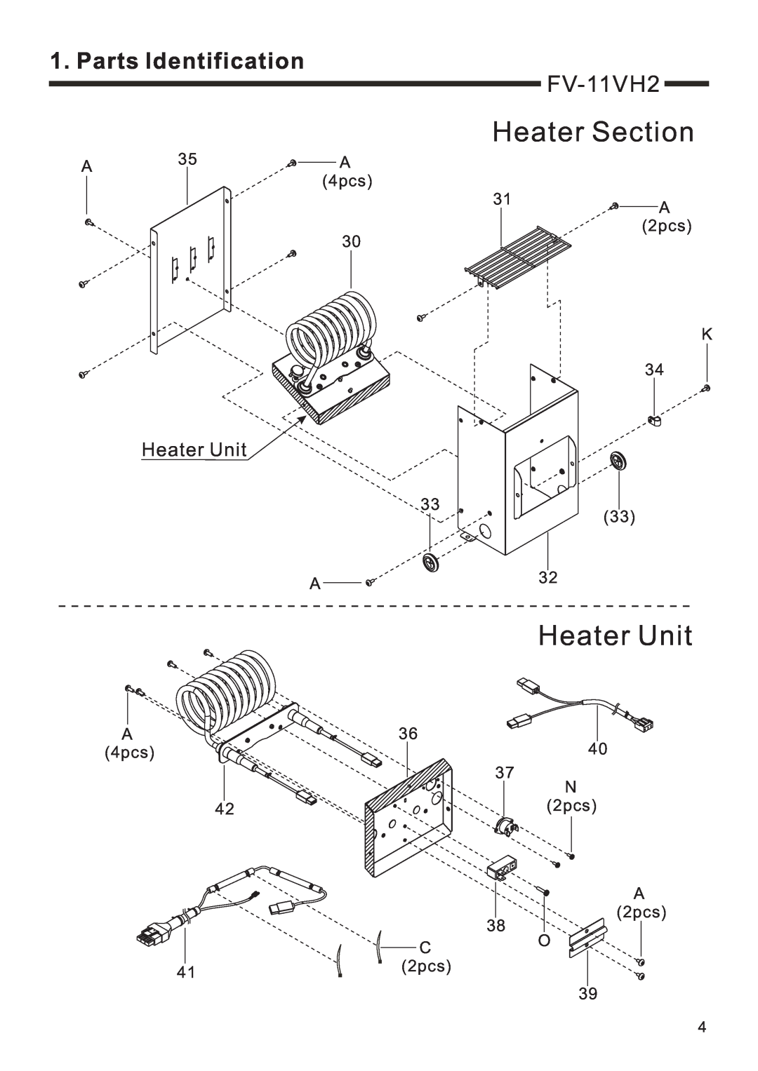 Panasonic FV-11VHL2 service manual Heater Section, Heater Unit, FV-11VH2, 4pcs, 30 K, A 2pcs 