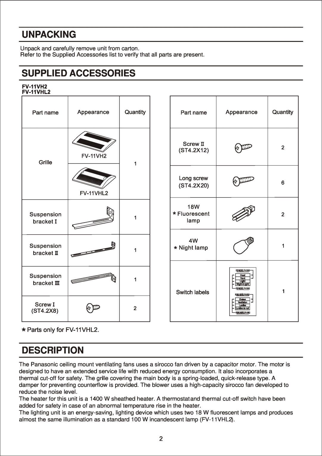 Panasonic FV-11VH2, FV-11VHL2 manual Unpacking, Supplied Accessories, Description 
