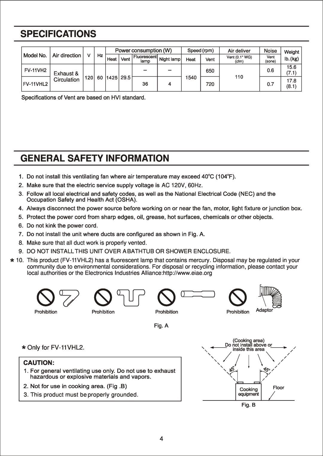 Panasonic FV-11VH2 manual Specifications, General Safety Information, Only for FV-11VHL2 